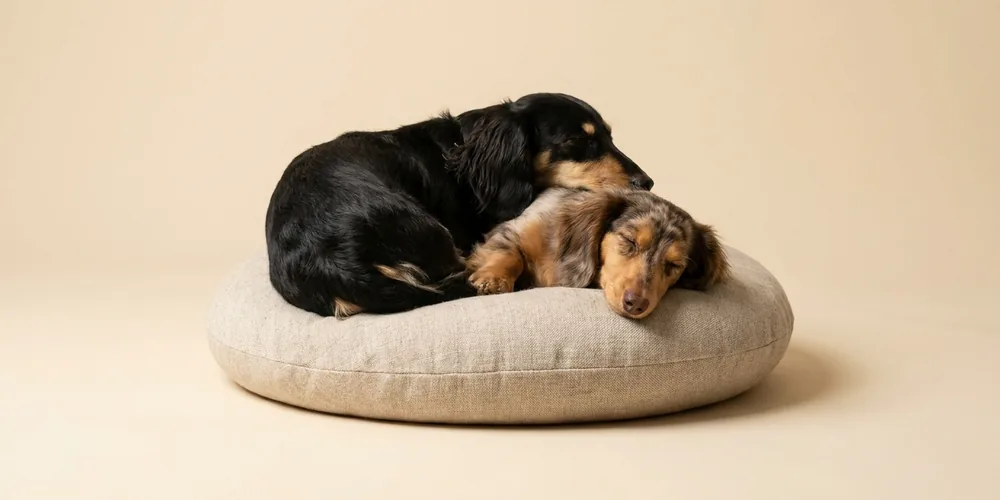 Jiji and Roro asleep together on a cushion